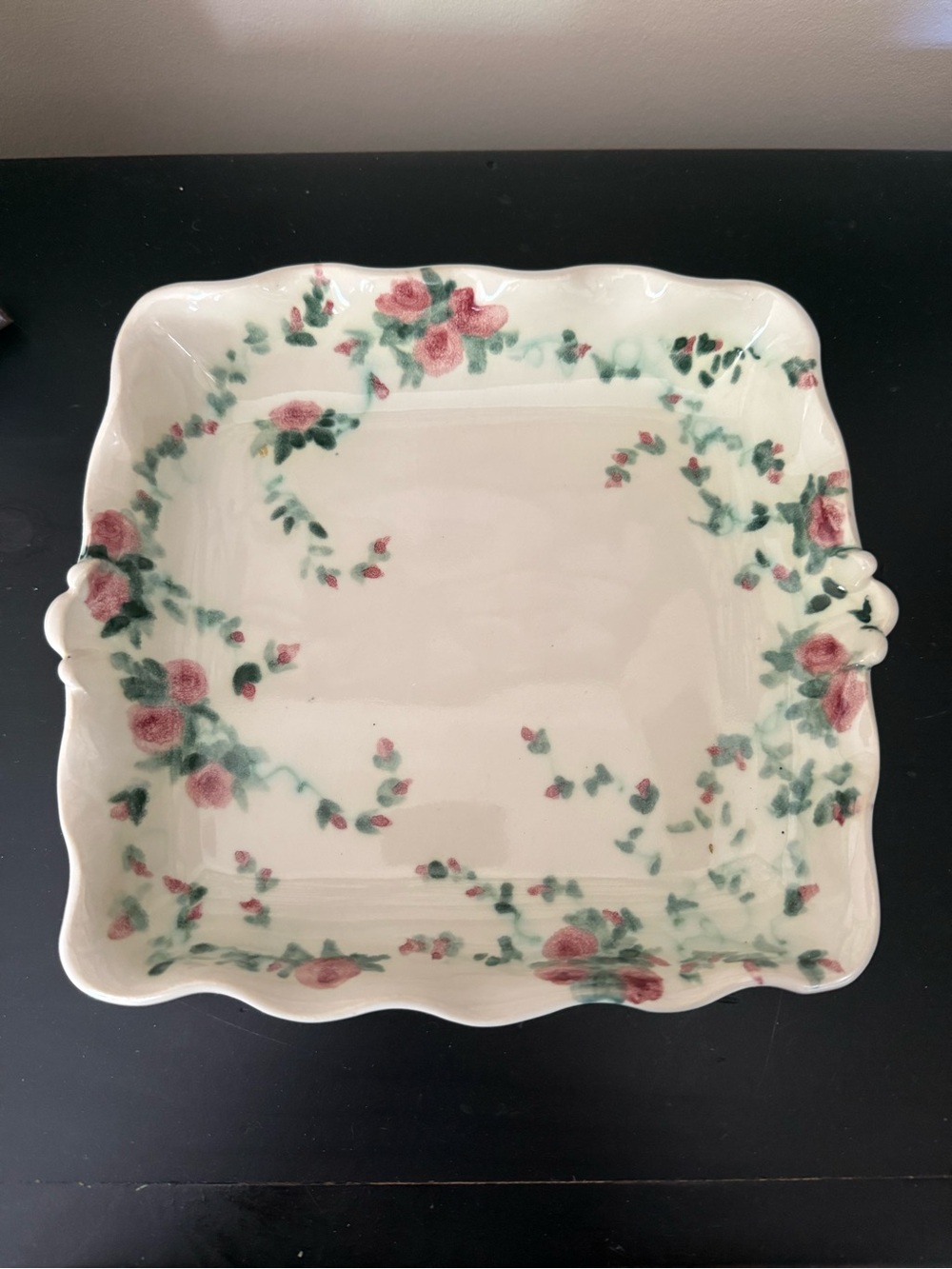 Handmade Ceramic Square Dish with Pink Rose Vine Pattern